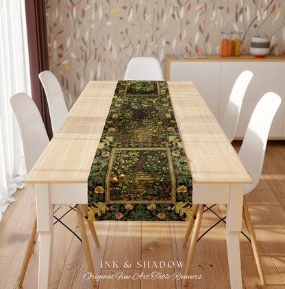 Fairytale Forest Botanical Table Runner | Mystic Aesthetic Woodland Home Magical Cottagecore Plant Loving Decor Housewarming Gift Emerald |