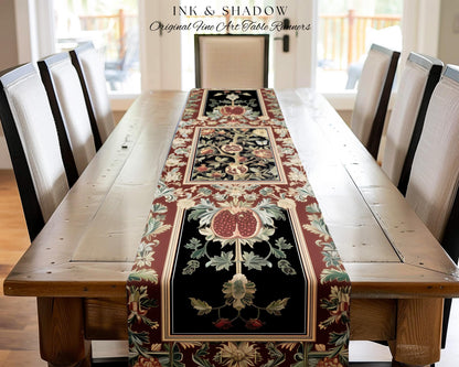 Floral Whimsigoth Vintage Pomegranate Art Nature Table Runner Cottagegoth Botanical Baroque Elegance, Medieval Style Forestcore Dining Room