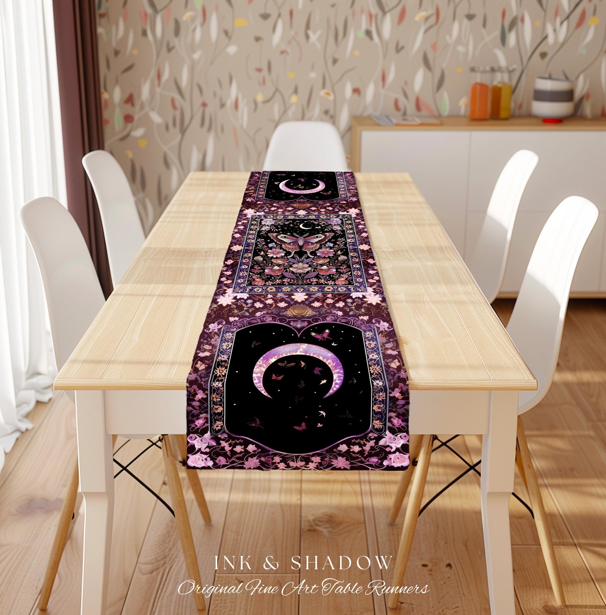 Purple Moth Celestial Table Runner Boho Fairycore Dark Floral Decor | Enchanted Goth Cottagecore Butterfly Lovers Moth Moon Whimsical Altar