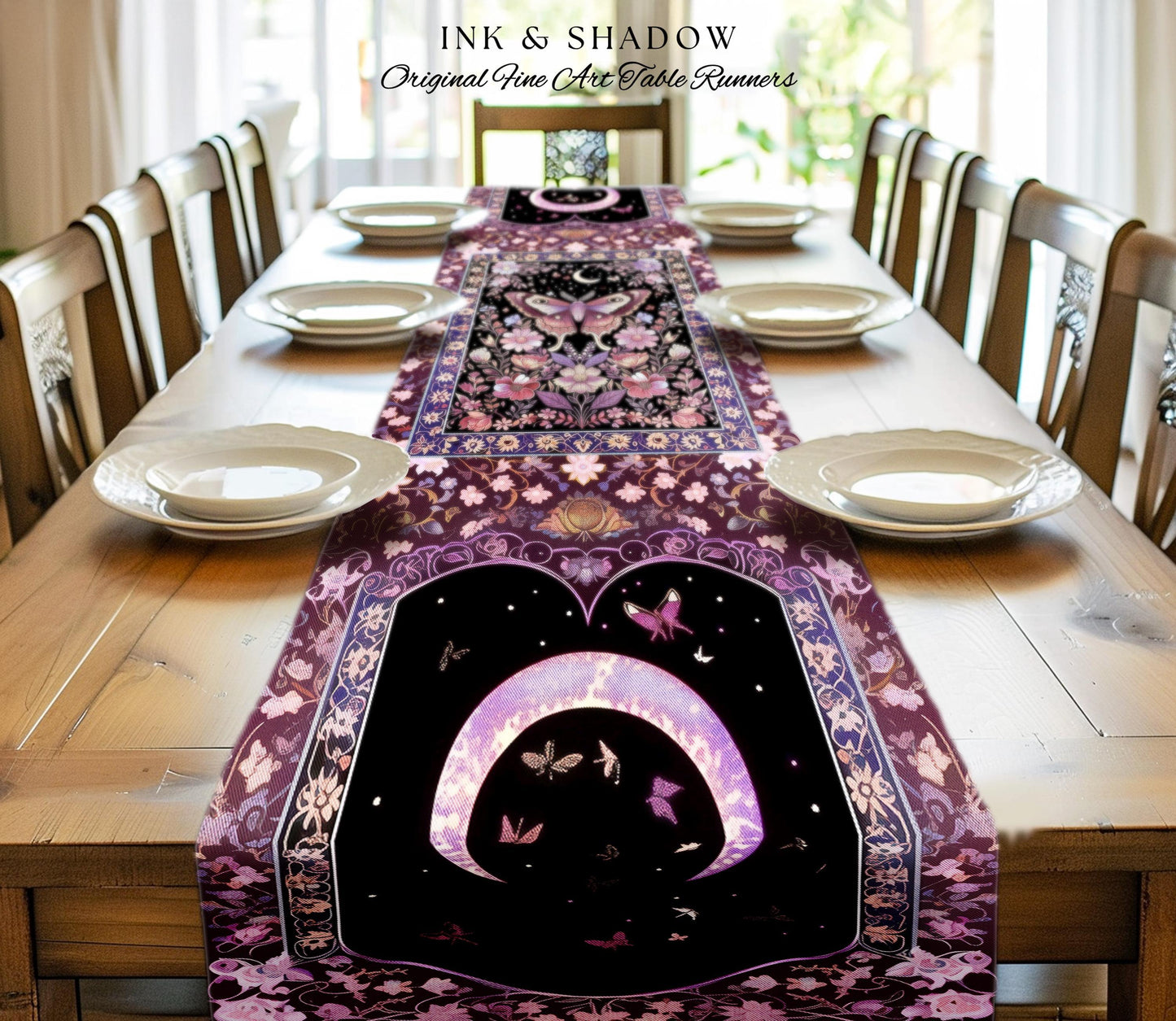 Purple Moth Celestial Table Runner Boho Fairycore Dark Floral Decor | Enchanted Goth Cottagecore Butterfly Lovers Moth Moon Whimsical Altar