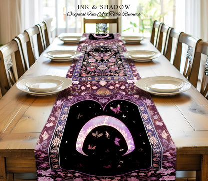 Purple Moth Celestial Table Runner Boho Fairycore Dark Floral Decor | Enchanted Goth Cottagecore Butterfly Lovers Moth Moon Whimsical Altar