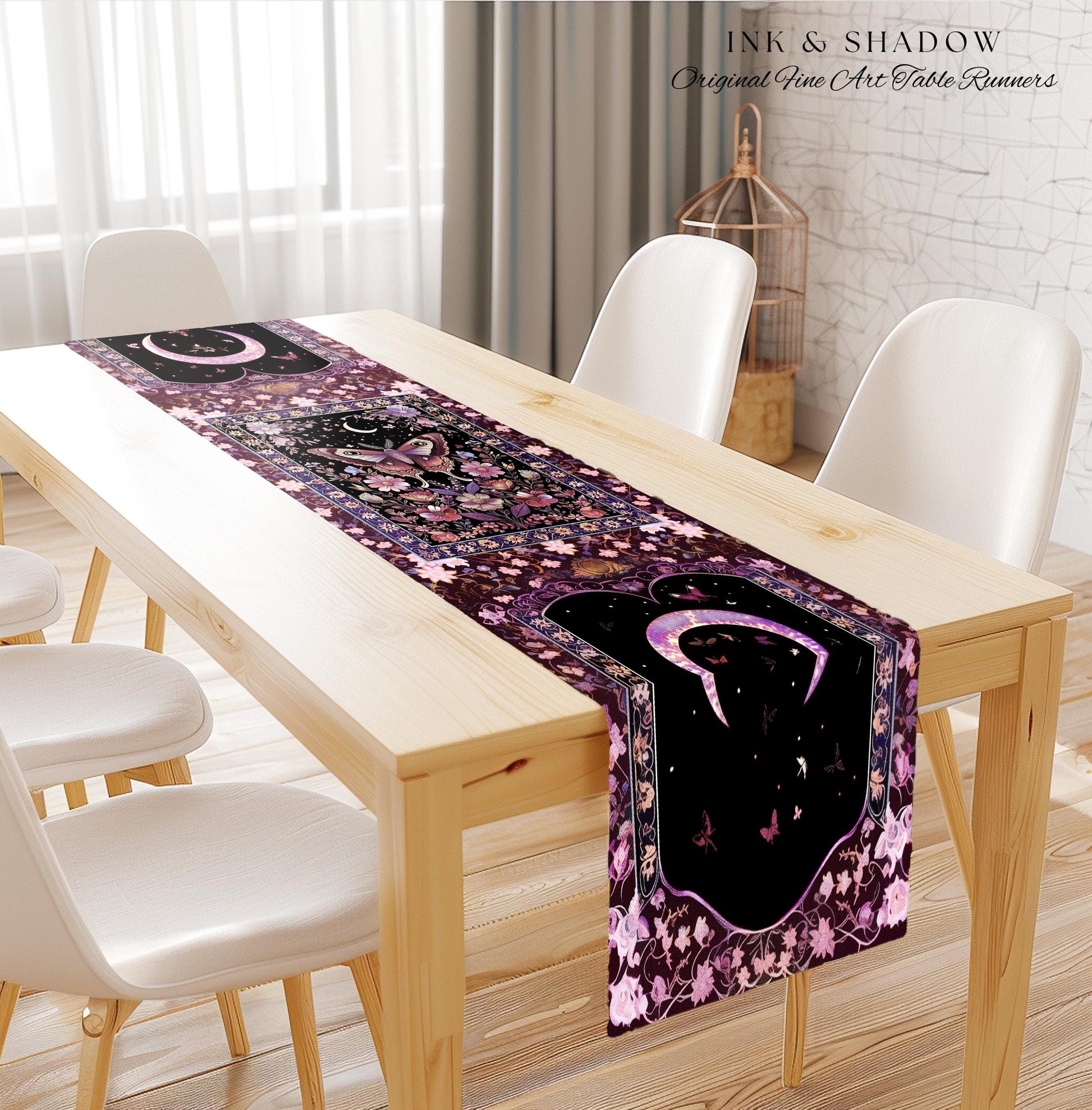Purple Moth Celestial Table Runner Boho Fairycore Dark Floral Decor | Enchanted Goth Cottagecore Butterfly Lovers Moth Moon Whimsical Altar