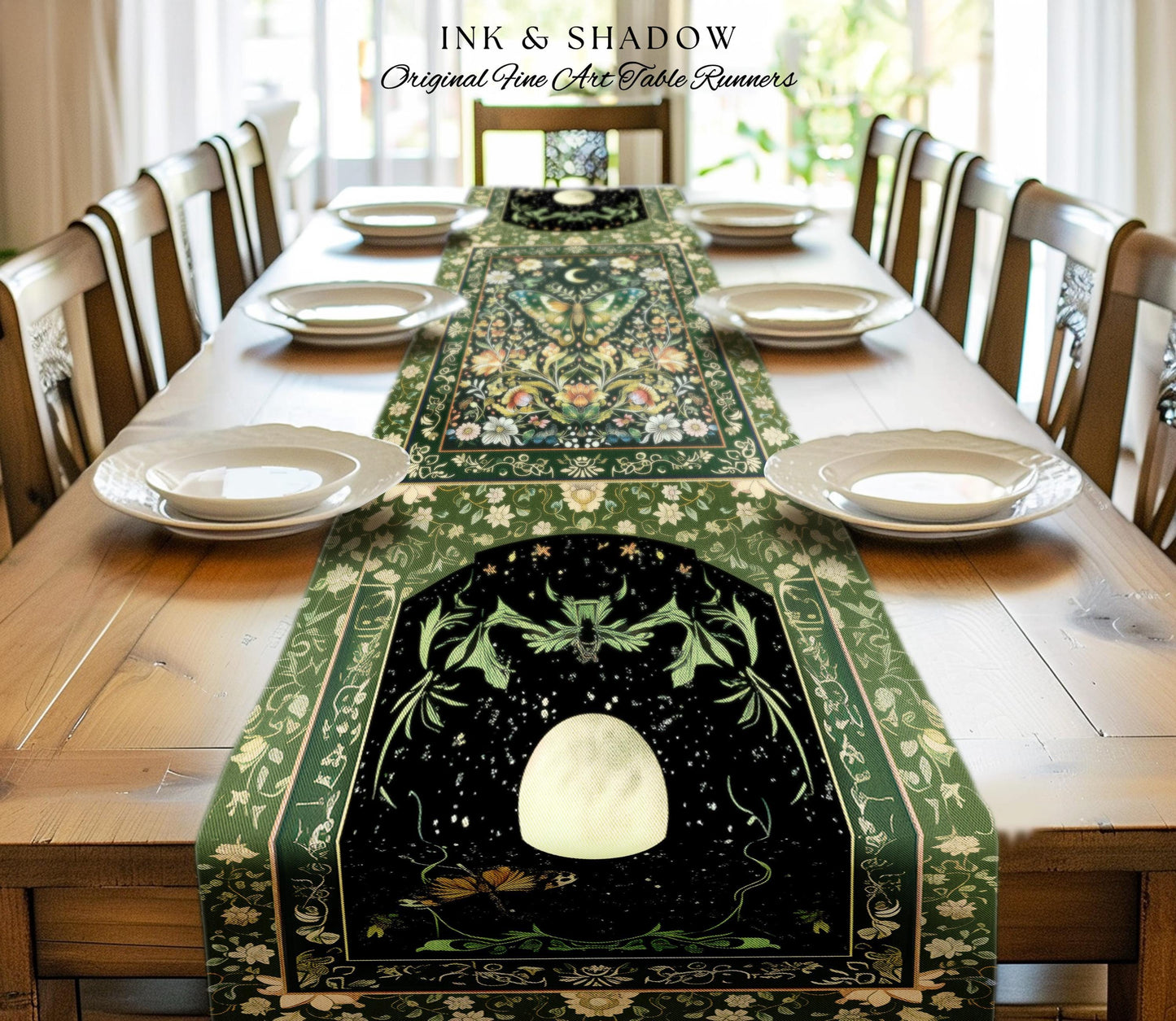 Woodland Gothic Botanical Moth Table Runner Witchy Dark Academia Aesthetic Dining Room Decor | Whimsical Green Cottagecore Butterfly Moth