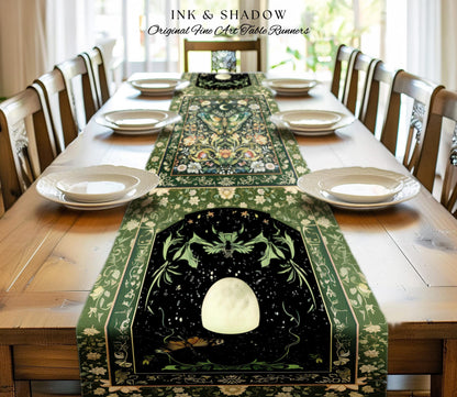 Woodland Gothic Botanical Moth Table Runner Witchy Dark Academia Aesthetic Dining Room Decor | Whimsical Green Cottagecore Butterfly Moth