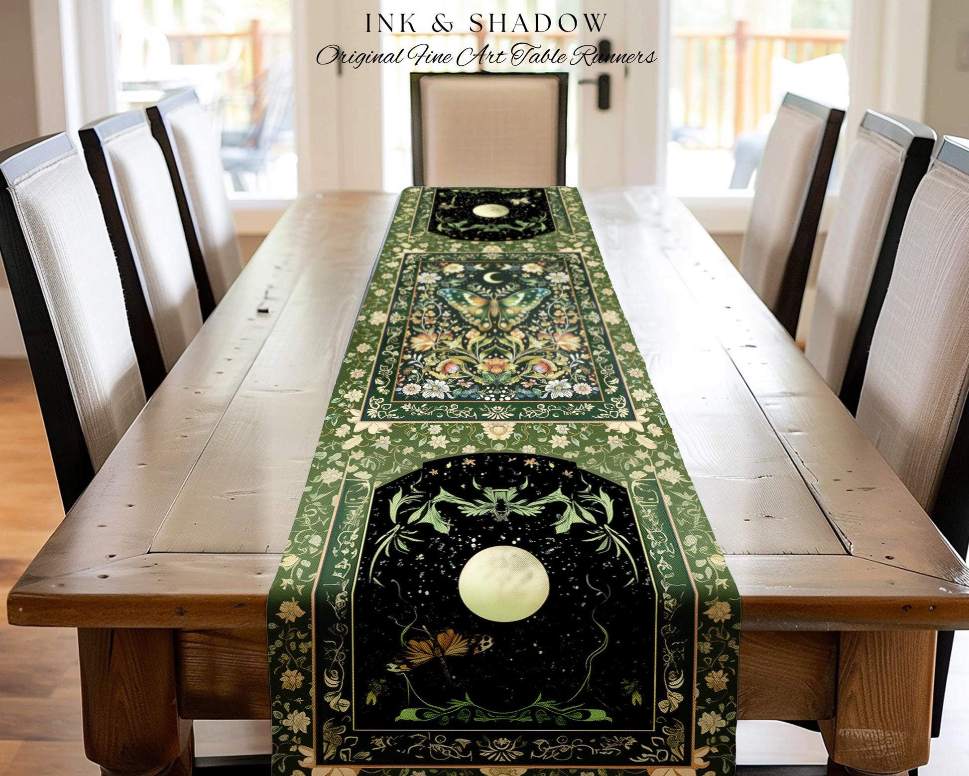 Woodland Gothic Botanical Moth Table Runner Witchy Dark Academia Aesthetic Dining Room Decor | Whimsical Green Cottagecore Butterfly Moth