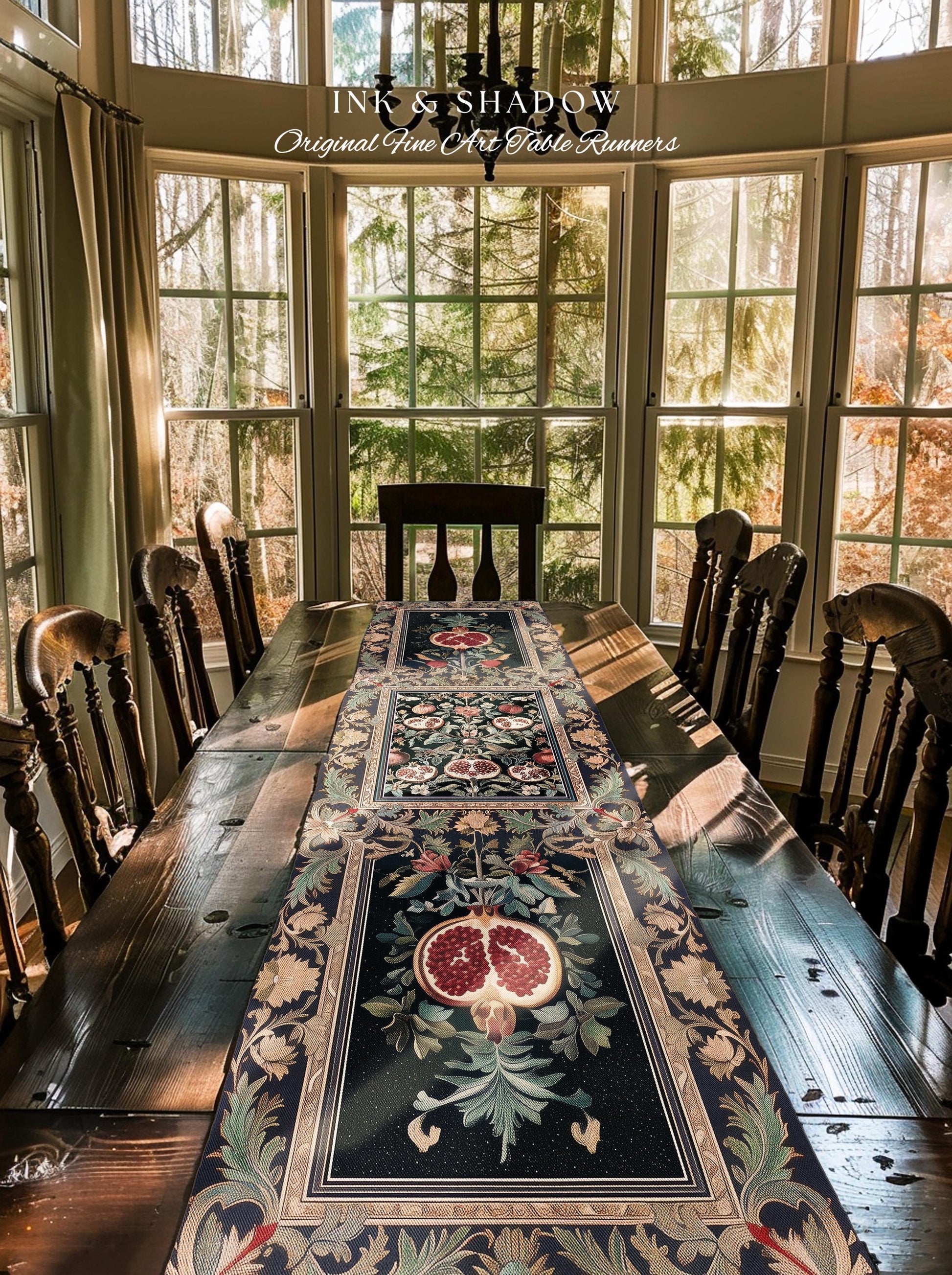 Baroque Botanical Pomegranate Table Runner | Dark Floral Whimsigoth Butterfly Nature Dining Room Cottagecore Medieval Style Fairycore Style