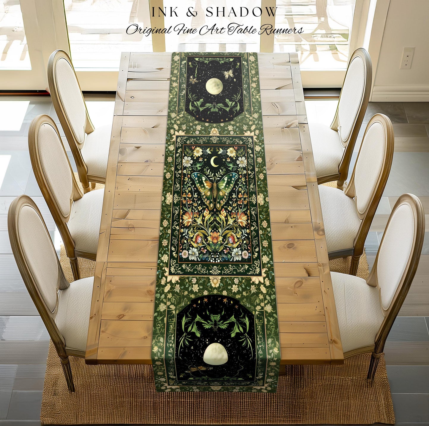Woodland Gothic Botanical Moth Table Runner Witchy Dark Academia Aesthetic Dining Room Decor | Whimsical Green Cottagecore Butterfly Moth