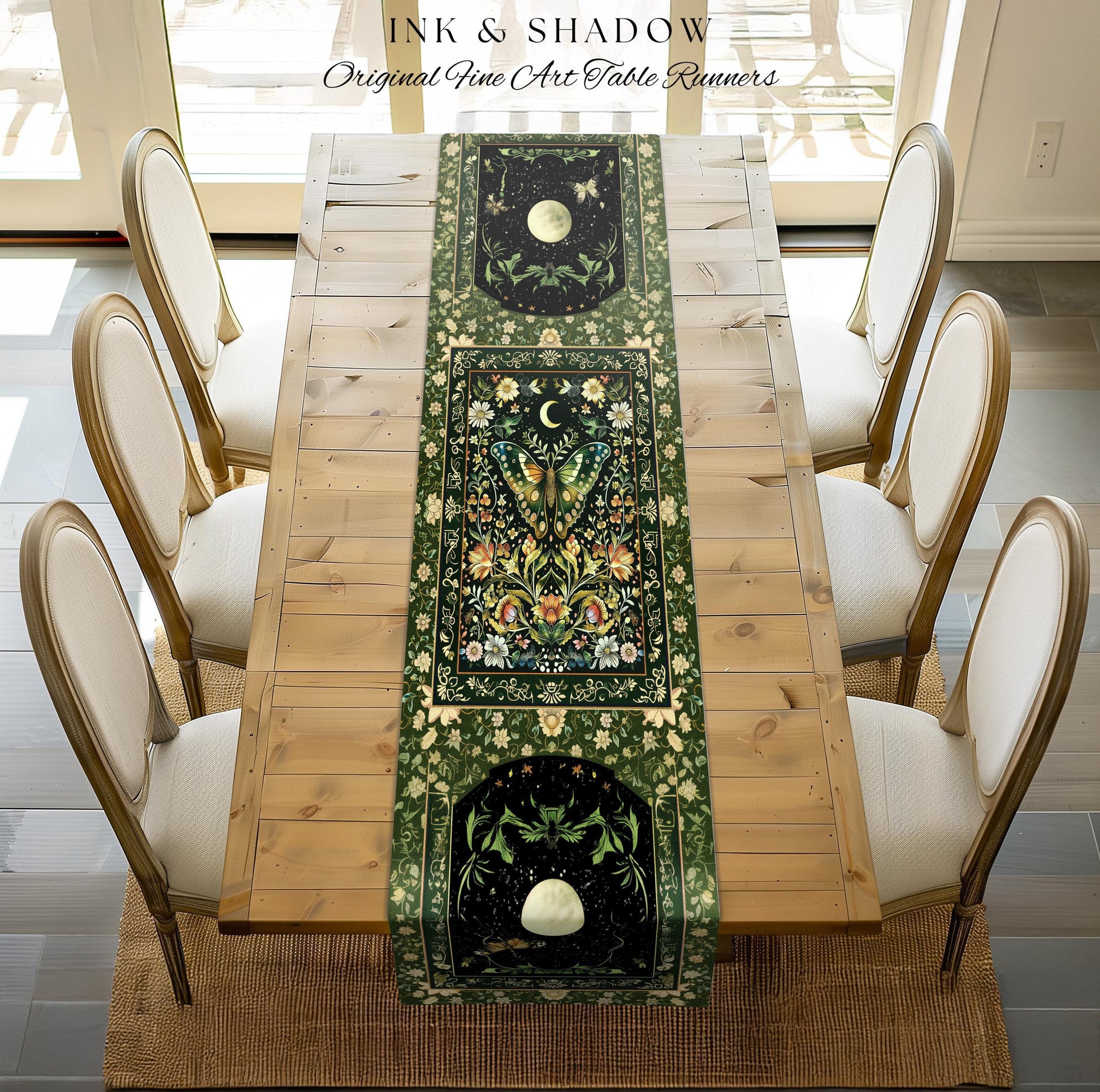 Woodland Gothic Botanical Moth Table Runner Witchy Dark Academia Aesthetic Dining Room Decor | Whimsical Green Cottagecore Butterfly Moth