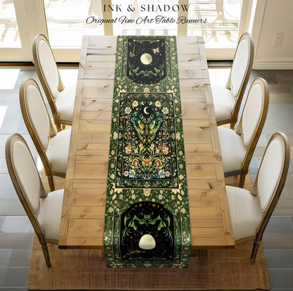 Woodland Gothic Botanical Moth Table Runner Witchy Dark Academia Aesthetic Dining Room Decor | Whimsical Green Cottagecore Butterfly Moth