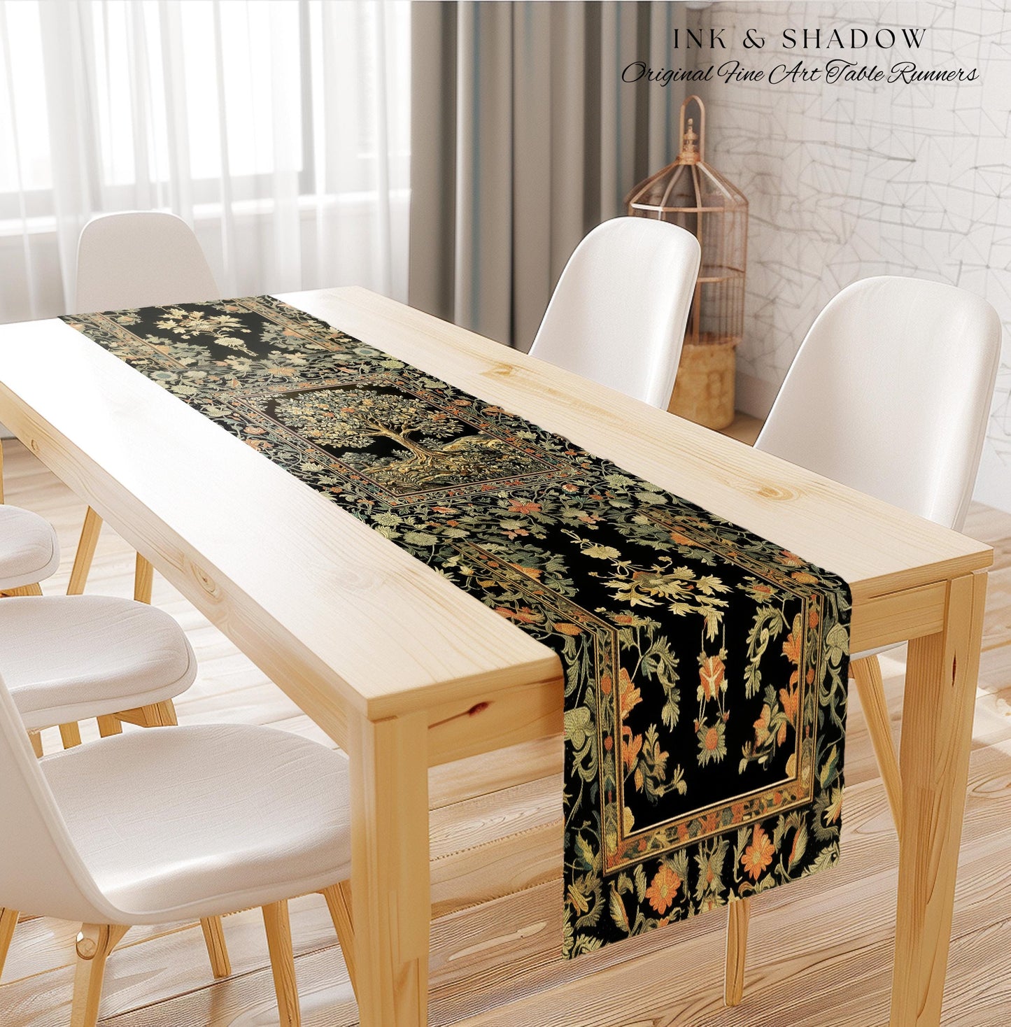 Regal Woodland Tree Table Runner | Floral Heritage Decor Parisian Style Gothic Cottagecore Aesthetic Traditional Dining Room Chateaucore |