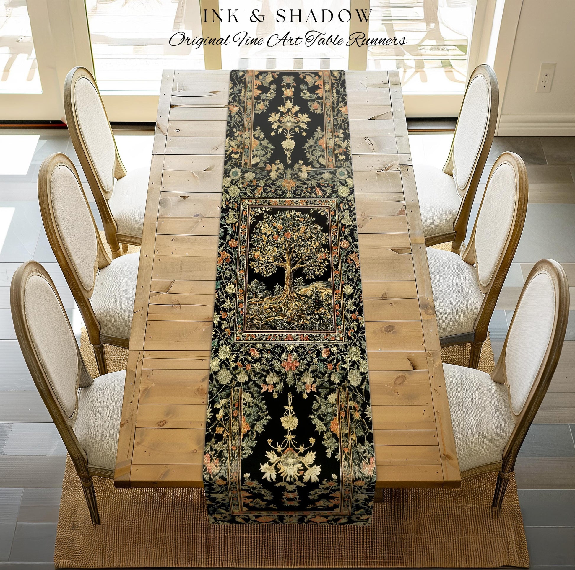 Regal Woodland Tree Table Runner | Floral Heritage Decor Parisian Style Gothic Cottagecore Aesthetic Traditional Dining Room Chateaucore |