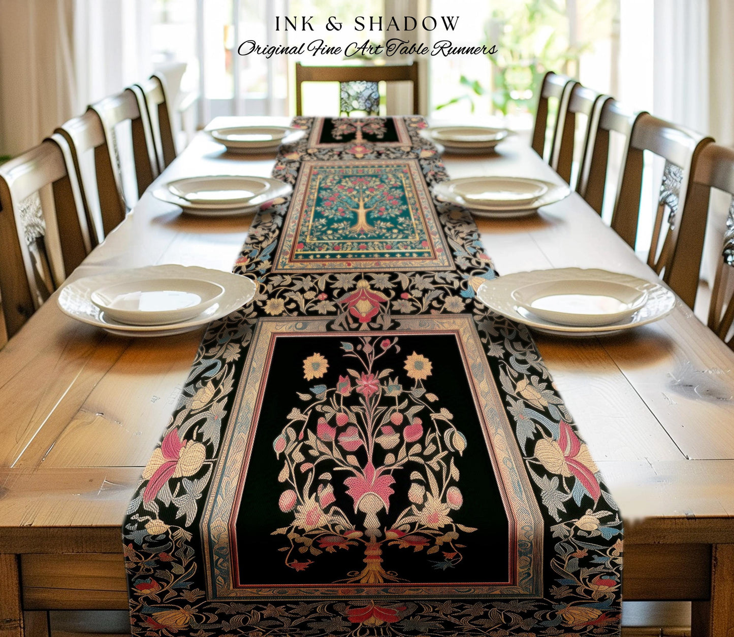 Blooming Roses Romantic Rococo Table Runner | Vintage Botanical Accent Ornate Border Victorian Folk Art Medieval Maximalist Dining Room Art