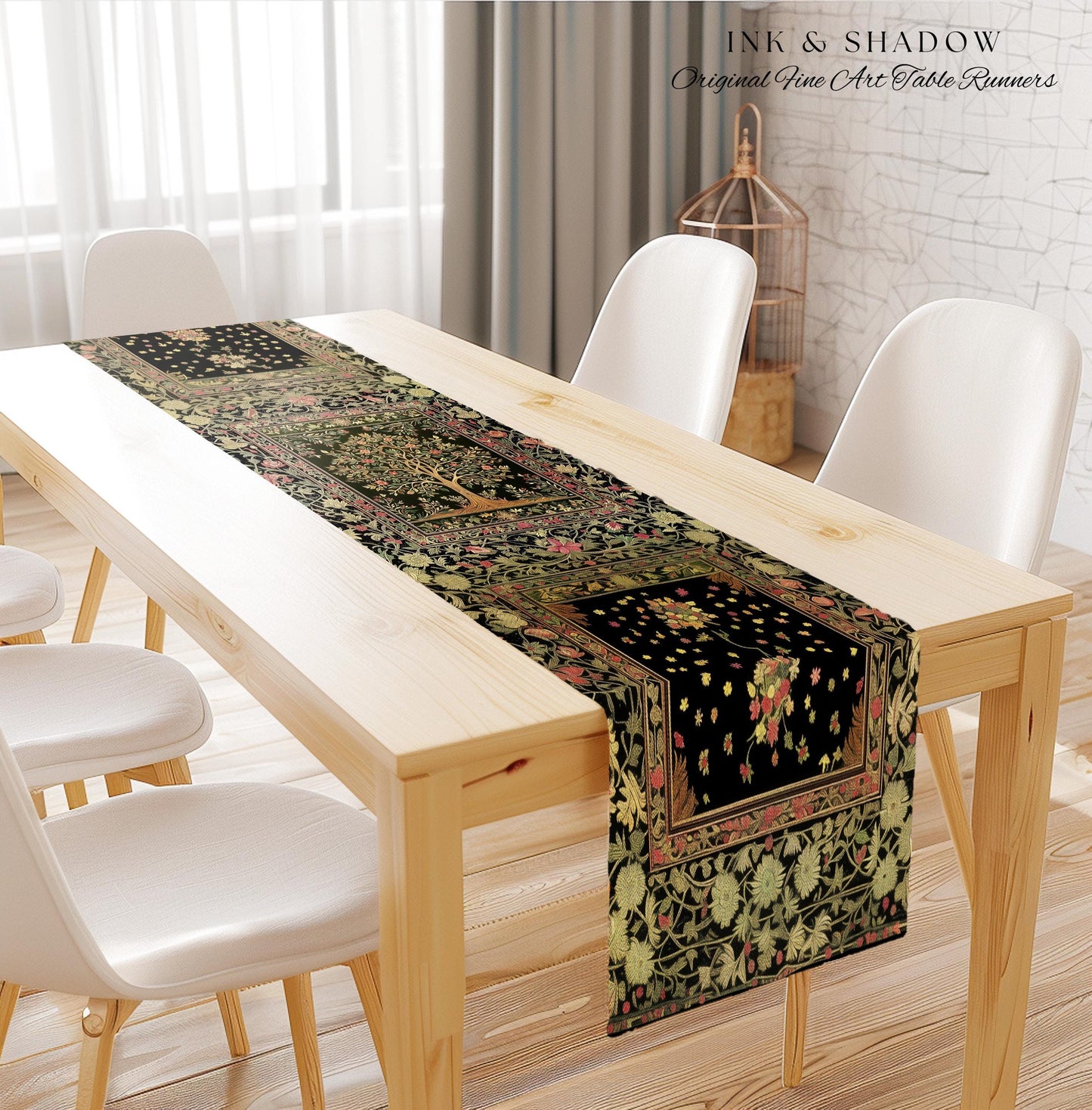 Art Nouveau Maximalist Tree Table Runner | Ornate Botanical Accent Tree of Life Motif Medieval Floral Pattern Romantic Style Morris Inspired