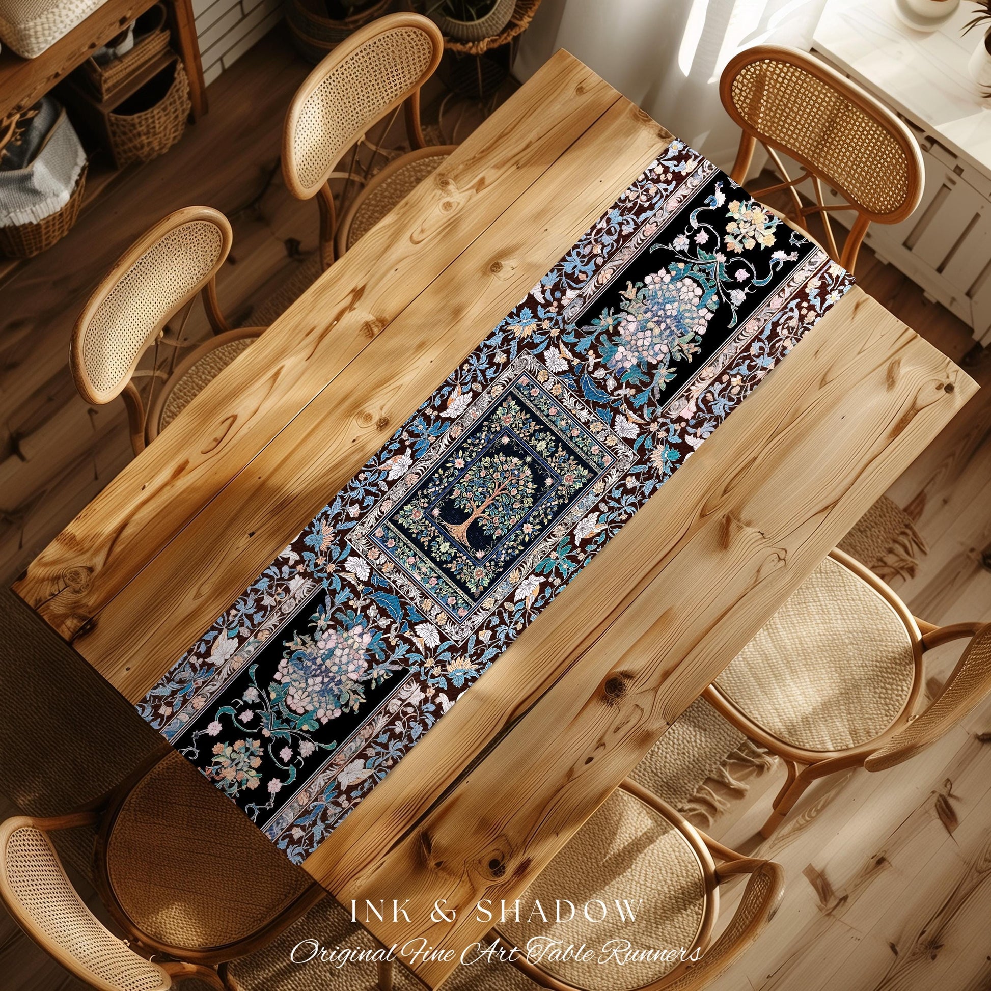 Ornate Grove Tree of Life Table Runner | Lush Floral Detailing Heirloom Pastel Baroque Nature Theme Cottagecore Dining Room Decor Accent |