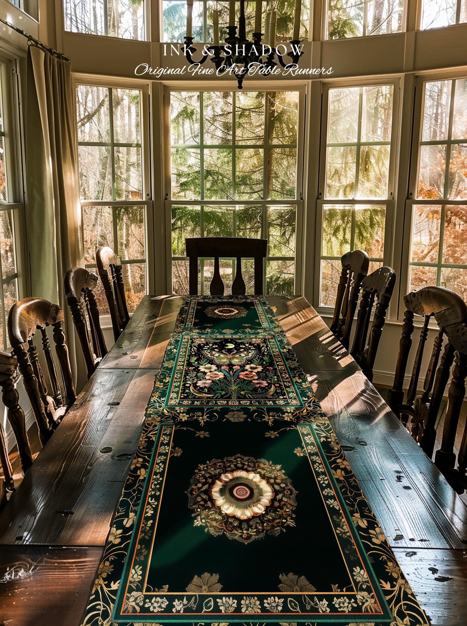 Ethereal Moth Table Runner Witchy Aesthetic Room Decor, Gothic Whimsical Occult Whimsigothic Wildflower Butterfly Fairycore Dining Room Boho