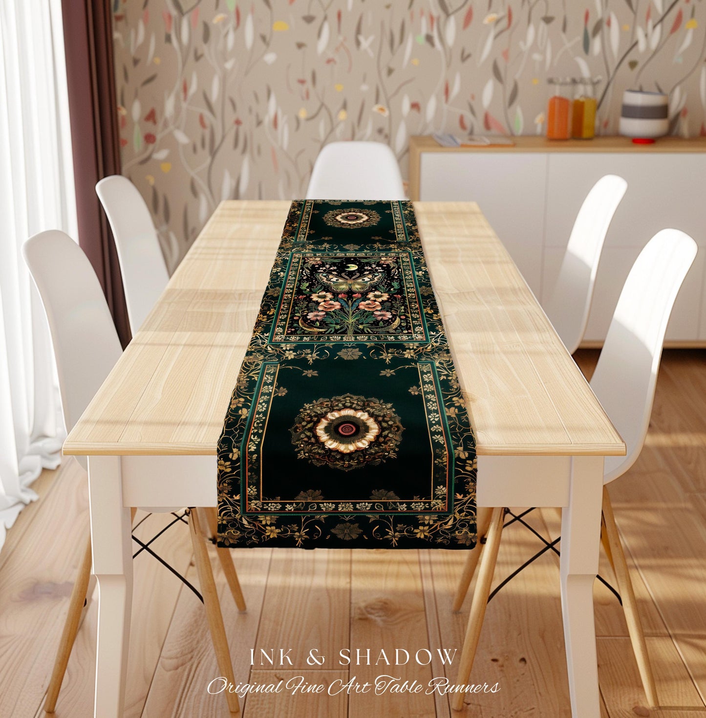 Ethereal Moth Table Runner Witchy Aesthetic Room Decor, Gothic Whimsical Occult Whimsigothic Wildflower Butterfly Fairycore Dining Room Boho