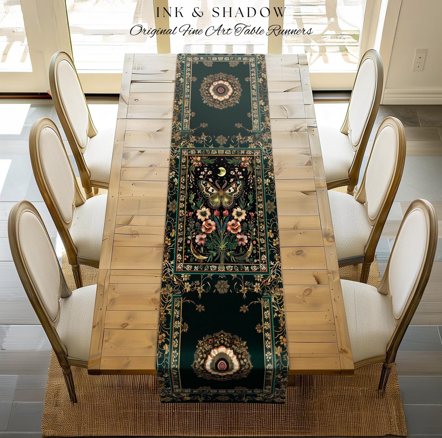 Ethereal Moth Table Runner Witchy Aesthetic Room Decor, Gothic Whimsical Occult Whimsigothic Wildflower Butterfly Fairycore Dining Room Boho