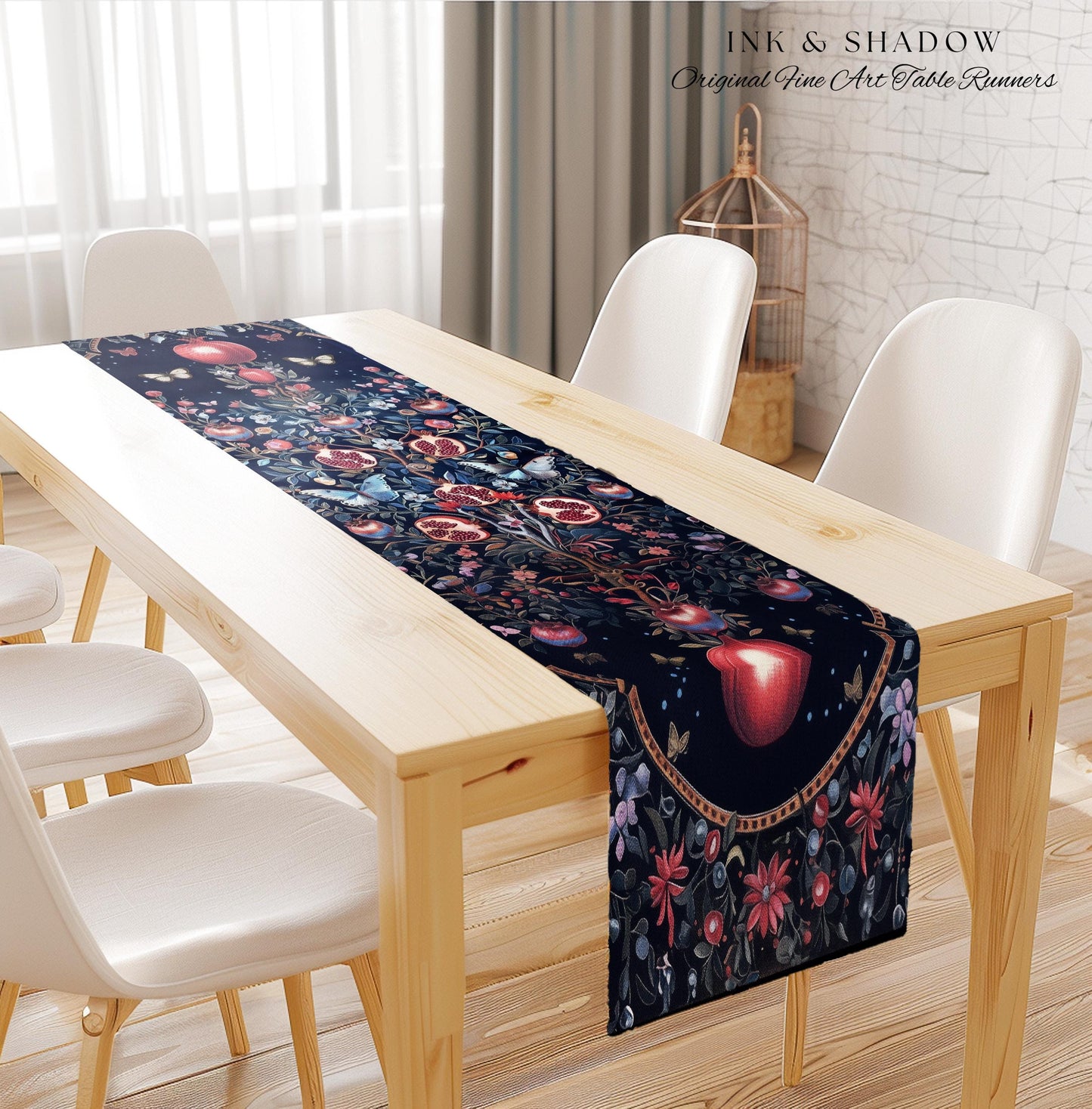 Moody Dark Botanical Pomegranate Art Table Runner Victorian Nouveau Butterfly Aesthetic, Mystic Woodland Whimsigoth Enchanted Forest Florals