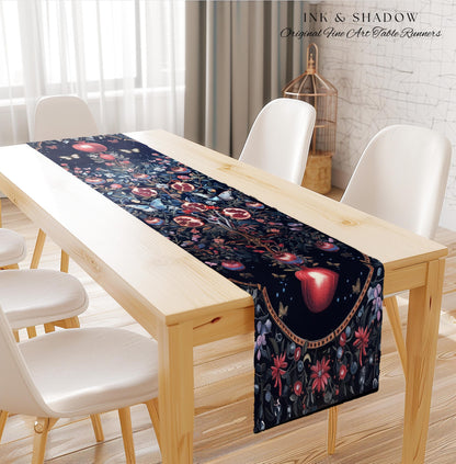 Moody Dark Botanical Pomegranate Art Table Runner Victorian Nouveau Butterfly Aesthetic, Mystic Woodland Whimsigoth Enchanted Forest Florals