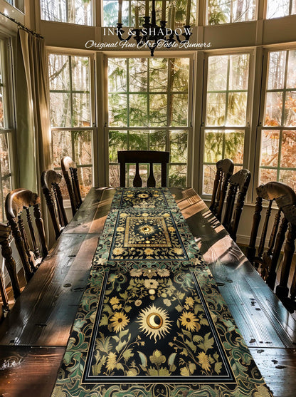 Earthy Spiritual Sun Table Runner | Hippie Gothic Botanical Ethereal Mystic Dining Room Whimsical Celestial Tarot Aesthetic Astrology Decor