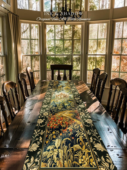 Mystic Castle Book Nook Table Runner Ethereal Fairycore Folklore Aesthetic | Magical Woodland Botanical Linens Dark Academia Indie Decor |