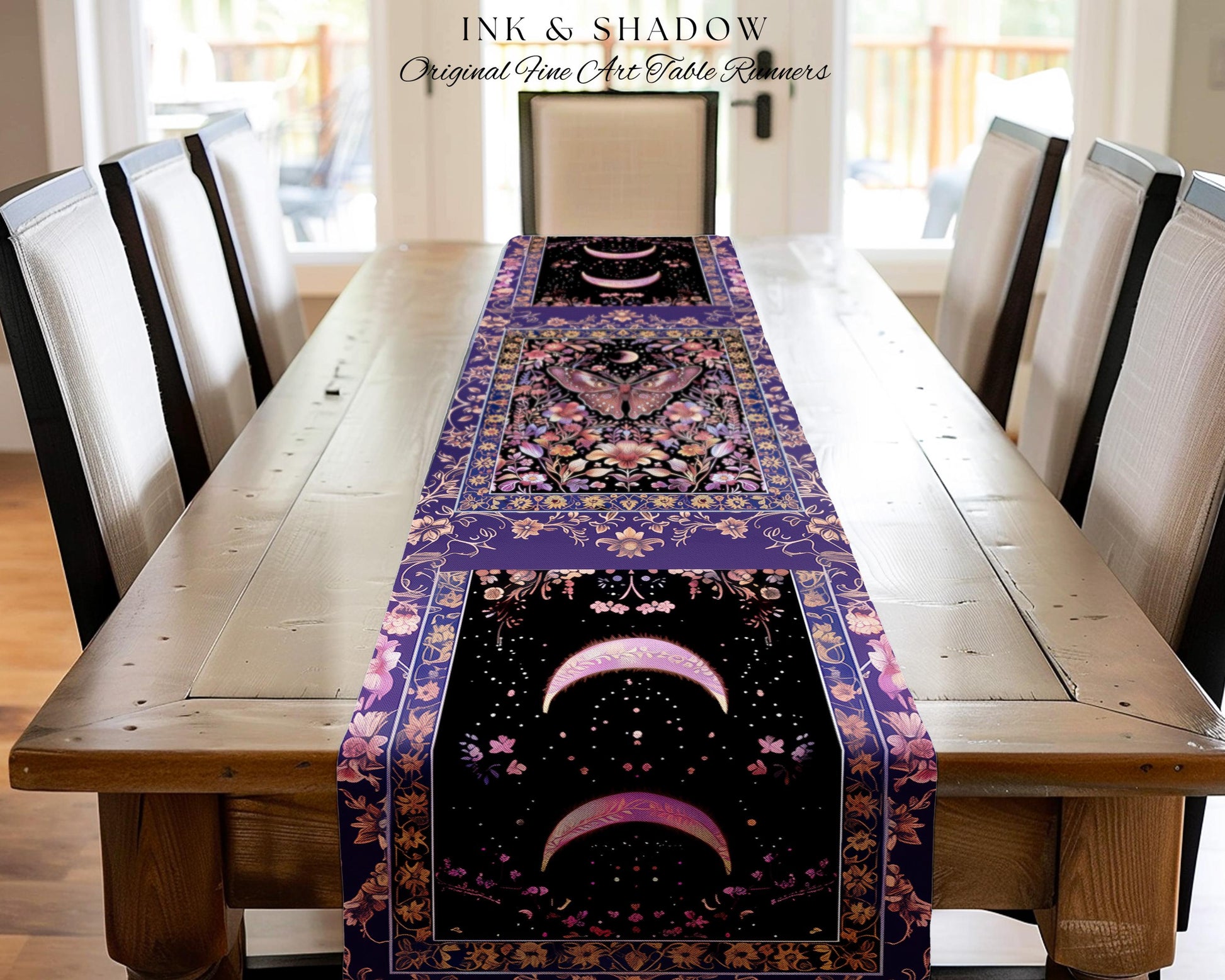 Witchy Botanical Moth Table Runner Whimsigothic Purple Floral Fairycore Aesthetic | Goth Cottagecore Butterfly Celestial Whimsy Dining Room