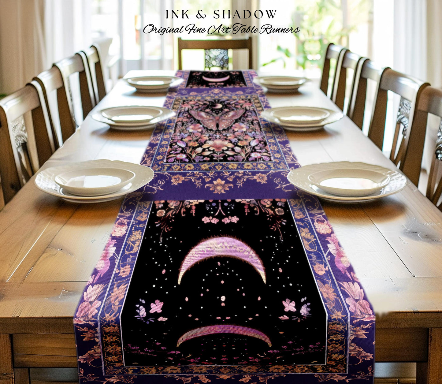 Witchy Botanical Moth Table Runner Whimsigothic Purple Floral Fairycore Aesthetic | Goth Cottagecore Butterfly Celestial Whimsy Dining Room