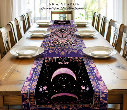 Witchy Botanical Moth Table Runner Whimsigothic Purple Floral Fairycore Aesthetic | Goth Cottagecore Butterfly Celestial Whimsy Dining Room