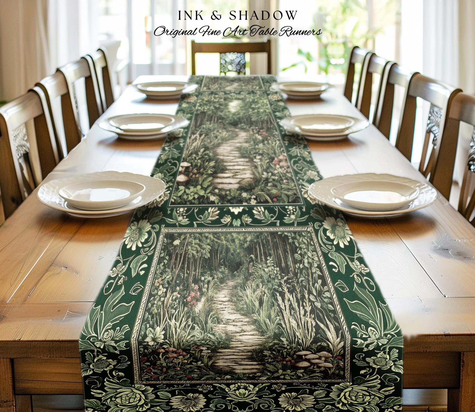 Ethereal Woodland Meadow Table Runner | Dark Academia Folklore Fairy Core Aesthetic Magical Dining Room Emerald Green Home Decor Botanical