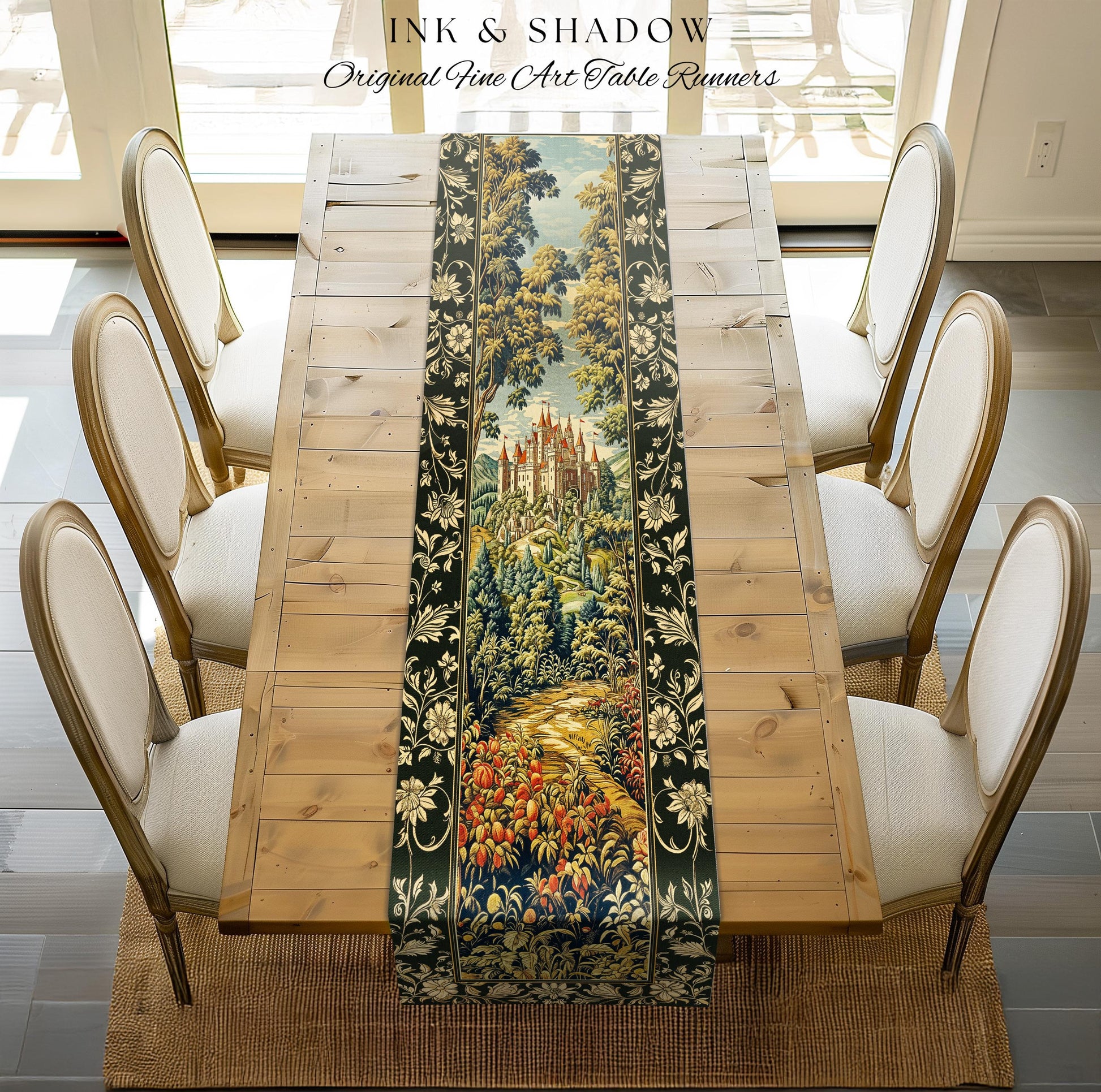 Mystic Castle Book Nook Table Runner Ethereal Fairycore Folklore Aesthetic | Magical Woodland Botanical Linens Dark Academia Indie Decor |