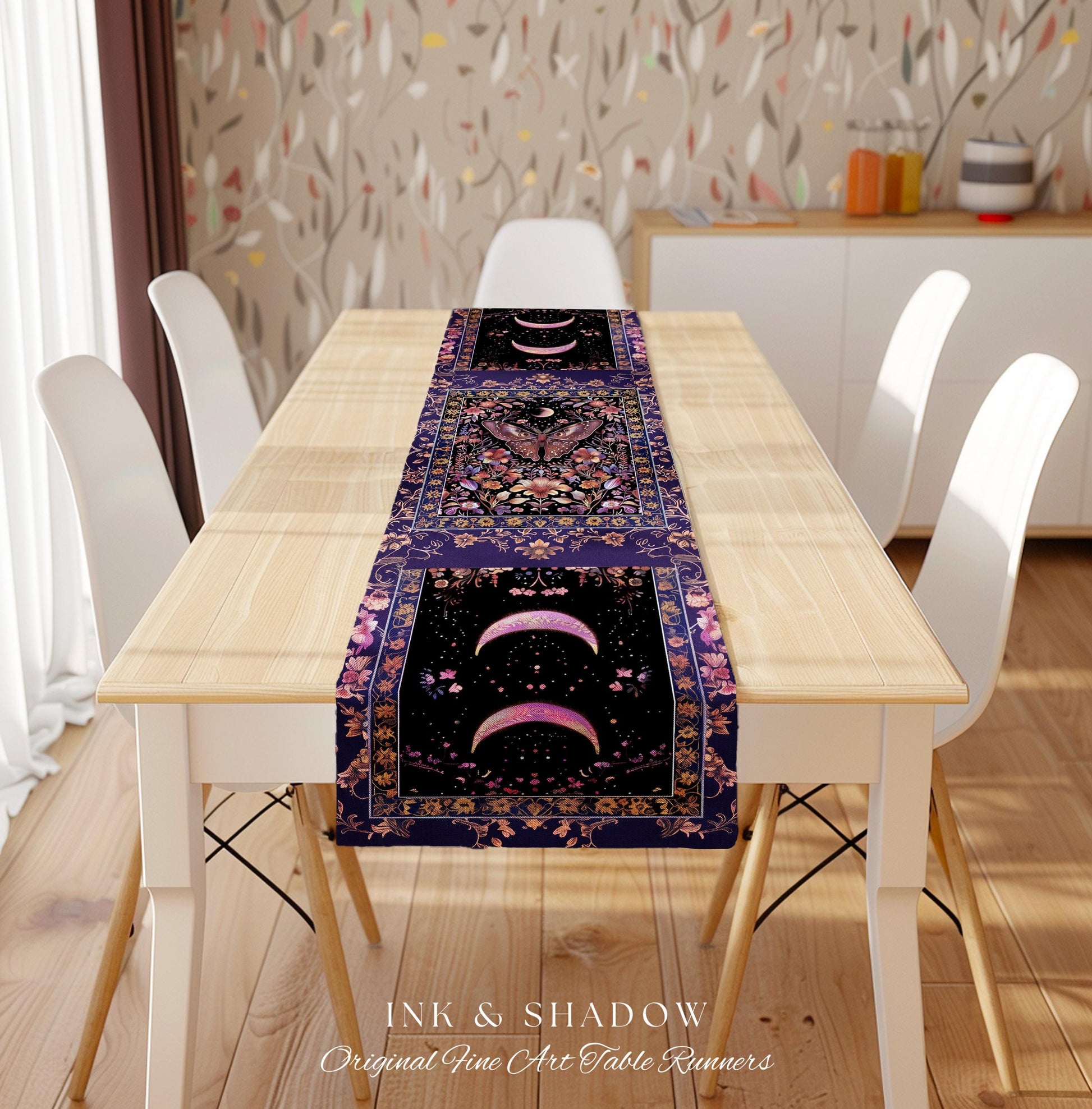 Witchy Botanical Moth Table Runner Whimsigothic Purple Floral Fairycore Aesthetic | Goth Cottagecore Butterfly Celestial Whimsy Dining Room