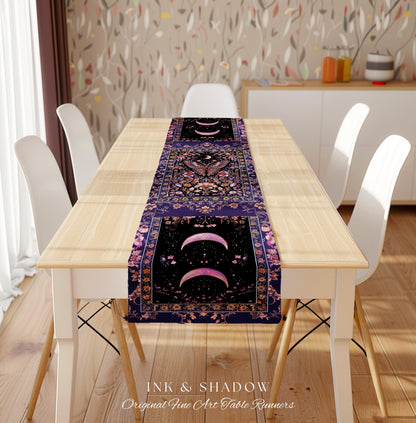 Witchy Botanical Moth Table Runner Whimsigothic Purple Floral Fairycore Aesthetic | Goth Cottagecore Butterfly Celestial Whimsy Dining Room
