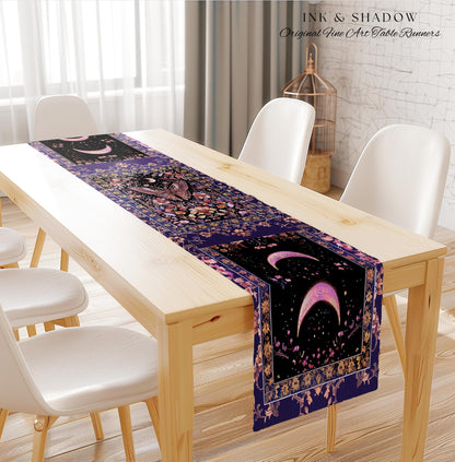 Witchy Botanical Moth Table Runner Whimsigothic Purple Floral Fairycore Aesthetic | Goth Cottagecore Butterfly Celestial Whimsy Dining Room