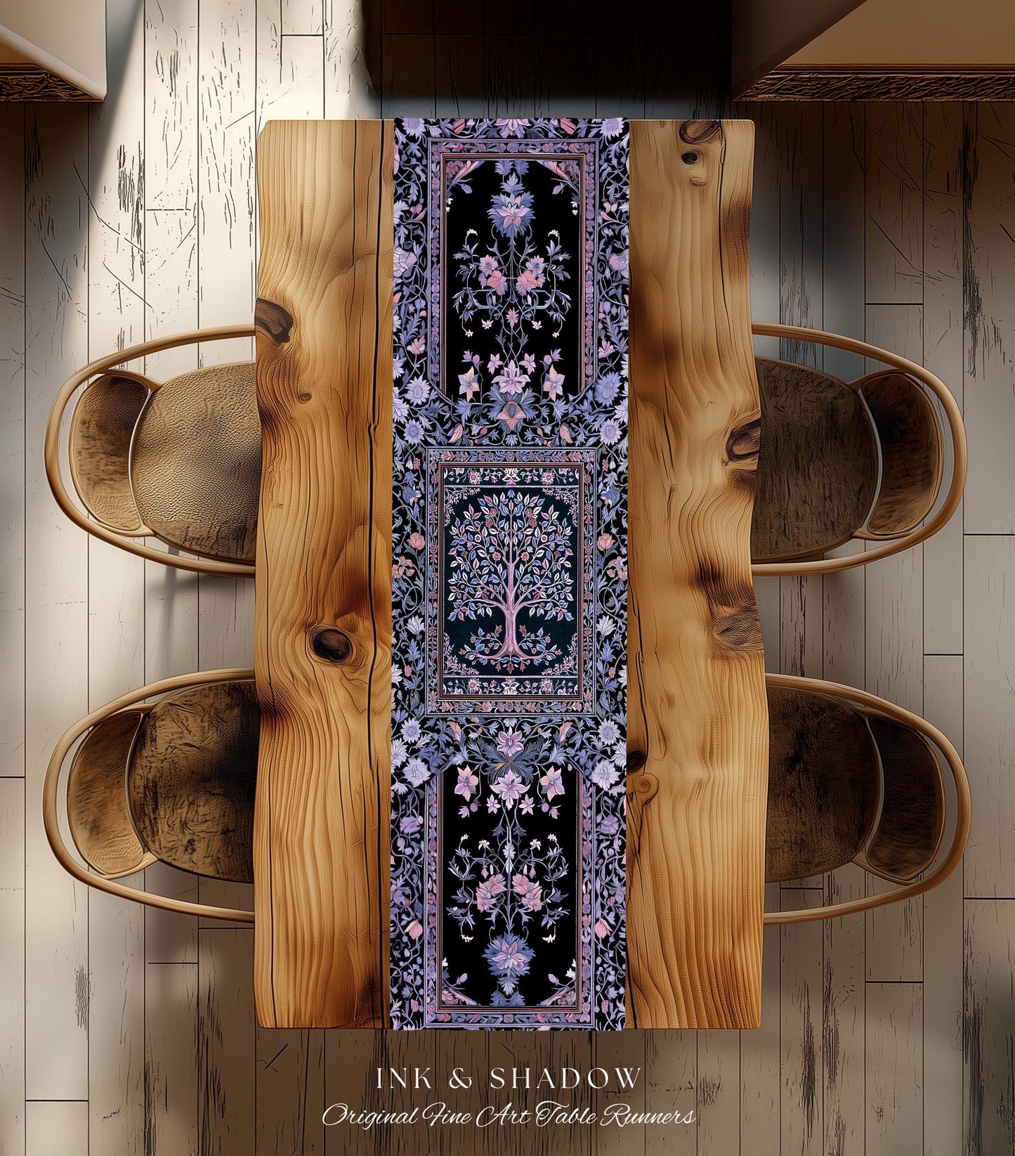 Whimsical Lavender Tree of Life Table Runner | Pastel Botanical Theme Romantic Cottagecore Decor Medieval Gothic Style Vintage Folk Art |