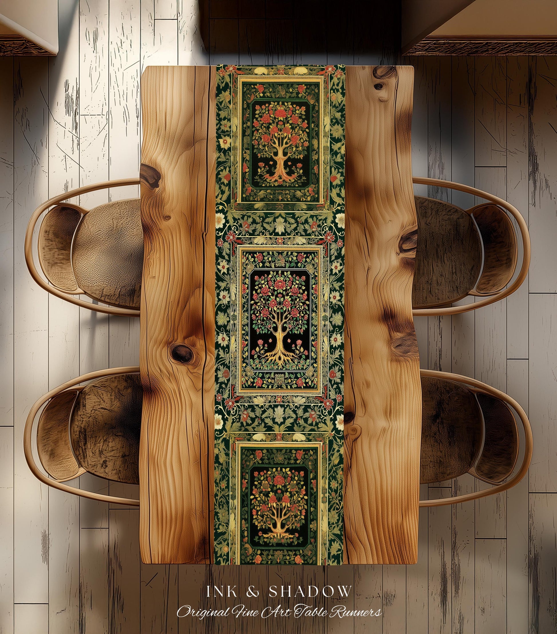 Floral Victorian Garden Tree Table Runner | Baroque Floral Design Folk Art Inspired Medieval Botanical Dining Romantic Rococo Cottagecore |