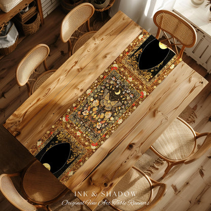 Vintage Floral Woodland Gothic Moth Moon Celestial Table Runner Rustic Country Cottage, Mystic Fairycore Shabby Chic Butterfly Cottagecore