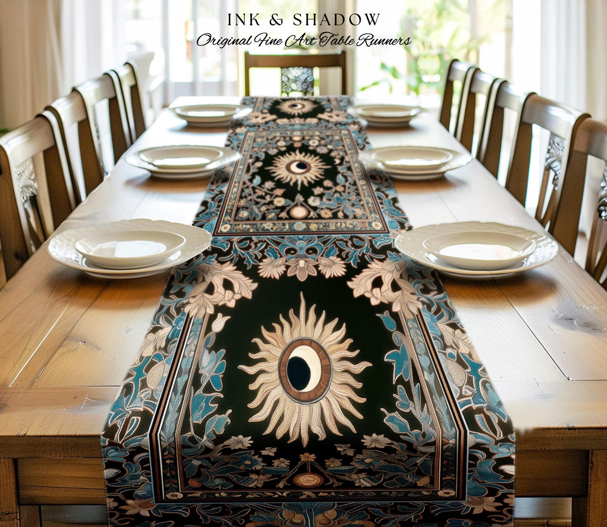 Mystic Moon Dark Academia Table Runner | Celestial Tarot Inspired Gothic Maximalist Dining Table Runner Whimsical Astrology Ethereal Witchy