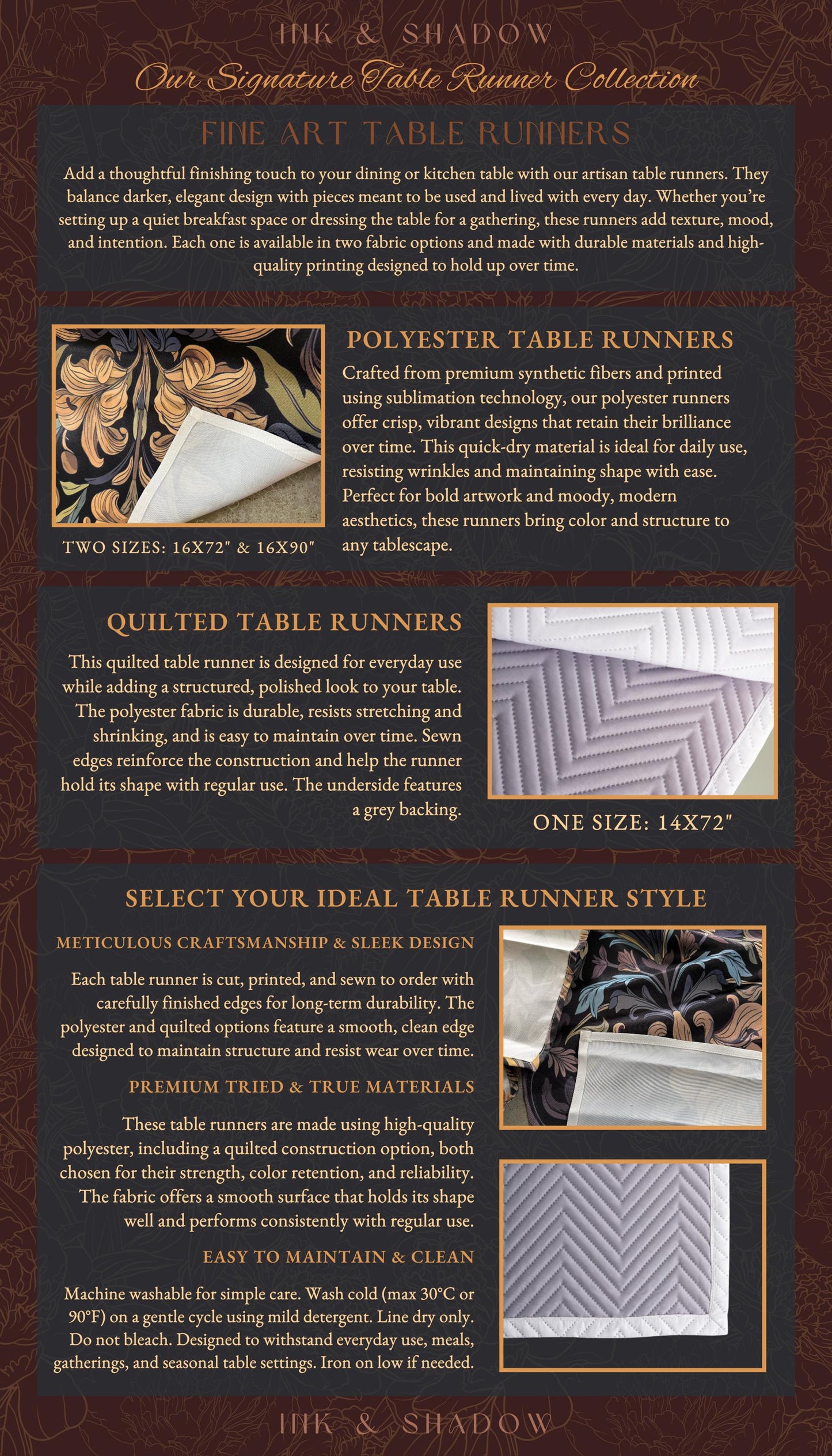 The image is a collection of images showcasing various styles and designs of fine art table runners. The images feature different types of table runners, including quilted table runners, polyester table runners, and premium materials. The image descriptions provide a brief overview of each runner style without repeating information or using excessive detail.