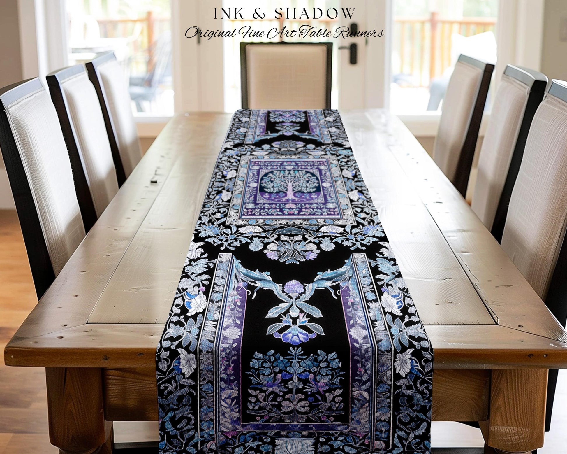 Icy Blue Pastel Gothic Tree Table Runner | Dark Academia Home Accent Romantic Botanical Vintage Floral Maximalist Cottagecore Decor Gothic