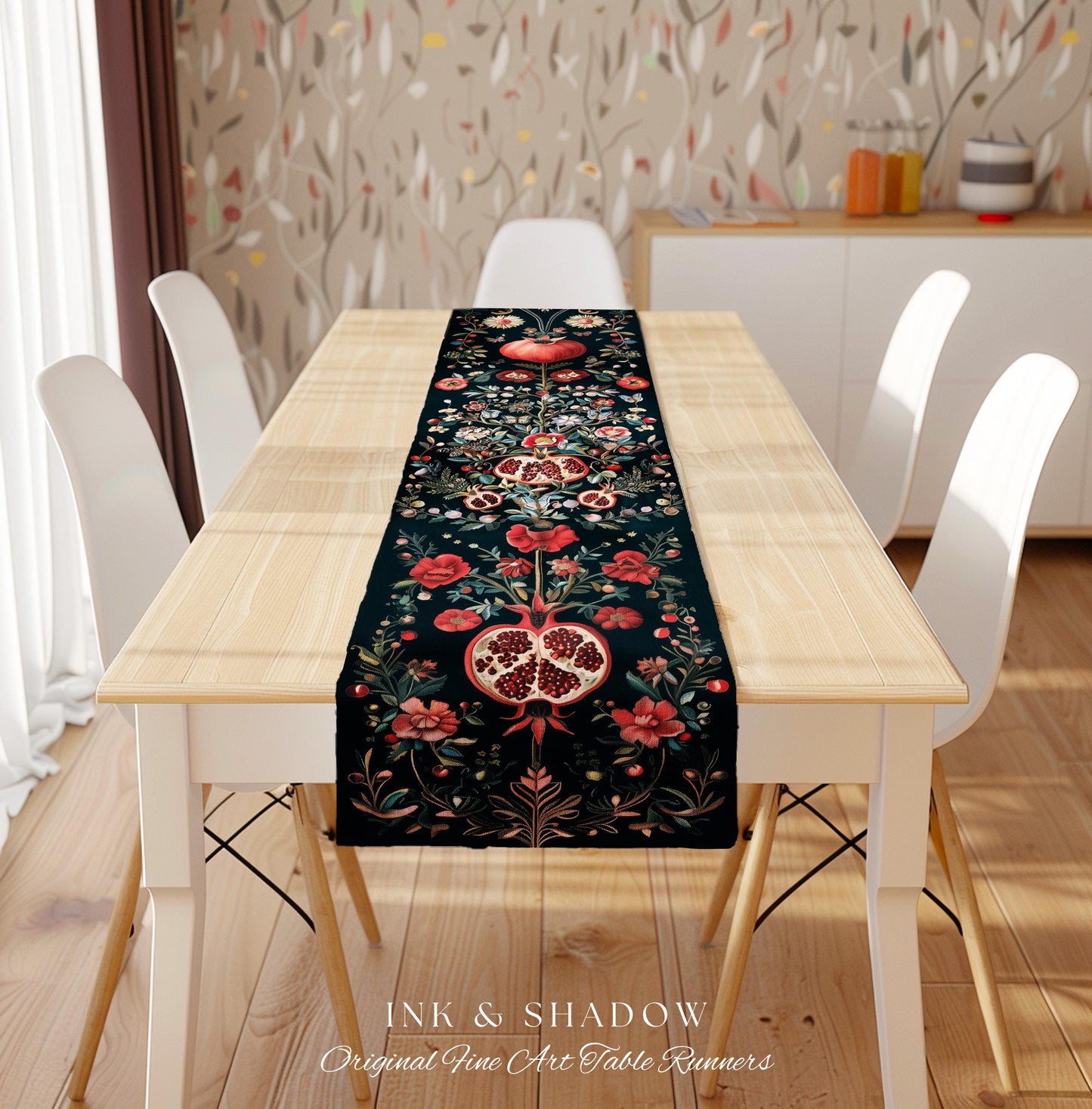 Fairycore Pomegranate Table Runner Enchanted Woodland | Whimsical Cottagecore Butterfly Moth Vintage Aesthetic Dark Floral Dining Room Decor