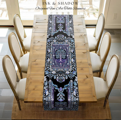 Icy Blue Pastel Gothic Tree Table Runner | Dark Academia Home Accent Romantic Botanical Vintage Floral Maximalist Cottagecore Decor Gothic