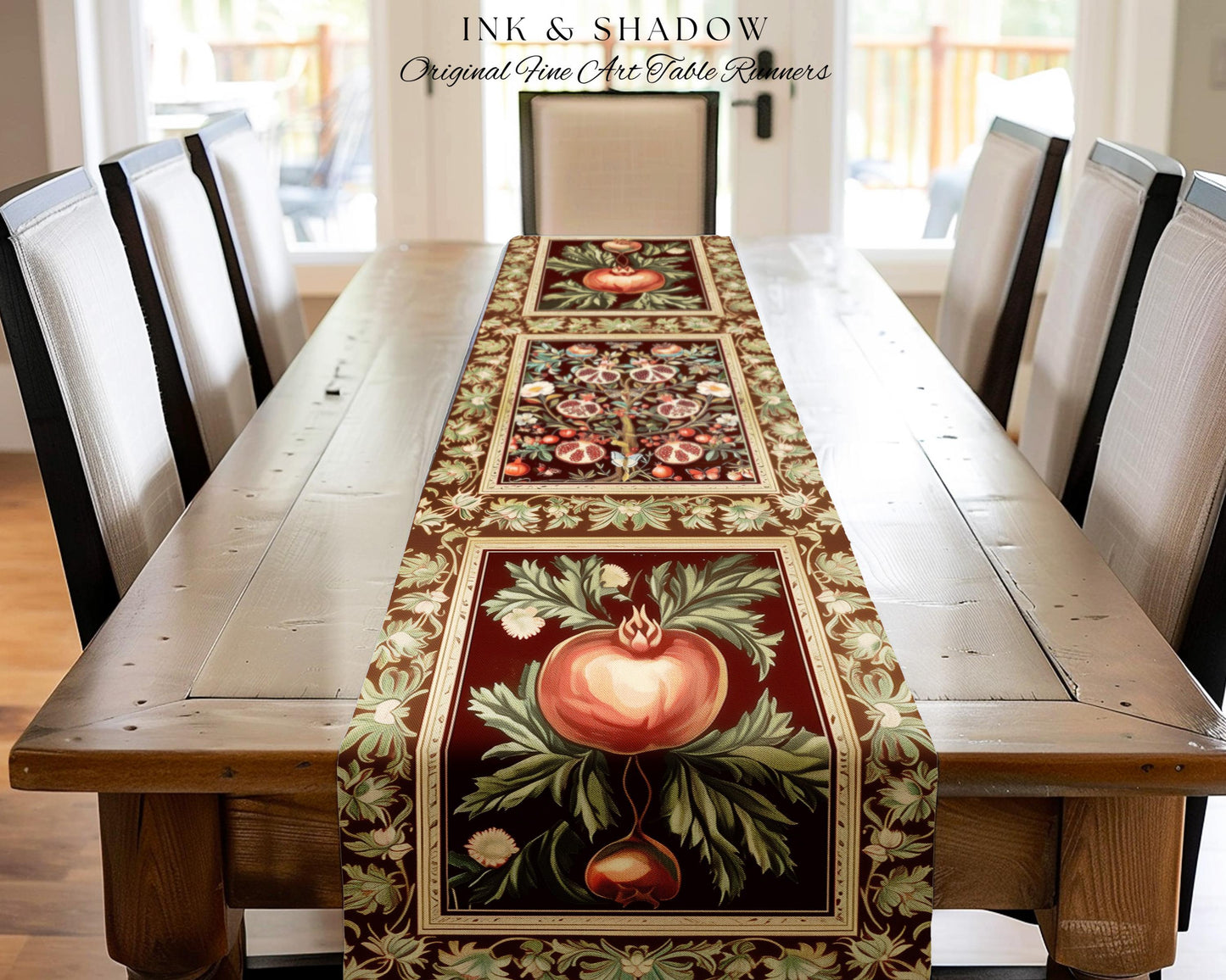 Antique Aesthetic Pomegranate Enchanted Garden Table Runner | Dark Cottagecore Gothic Woodland Whimsy Floral Butterfly Moth Decor Witchy