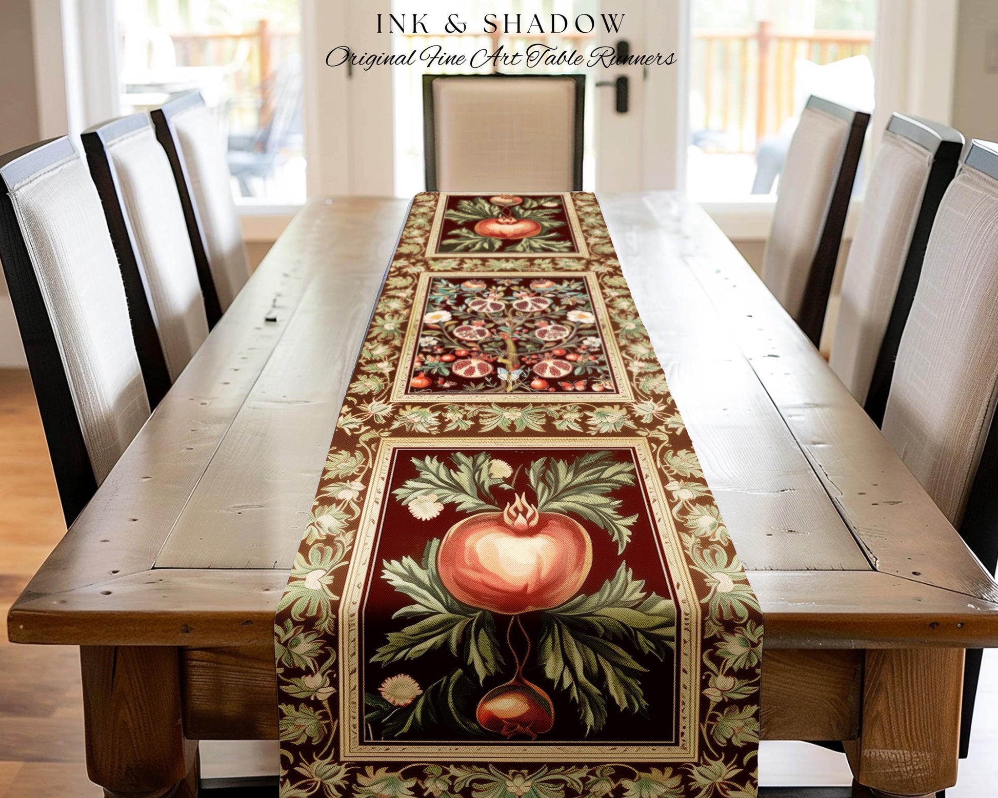 Antique Aesthetic Pomegranate Enchanted Garden Table Runner | Dark Cottagecore Gothic Woodland Whimsy Floral Butterfly Moth Decor Witchy