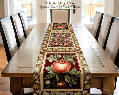 Antique Aesthetic Pomegranate Enchanted Garden Table Runner | Dark Cottagecore Gothic Woodland Whimsy Floral Butterfly Moth Decor Witchy