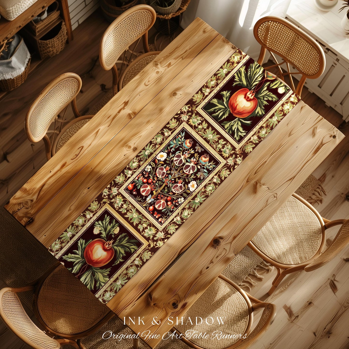Antique Aesthetic Pomegranate Enchanted Garden Table Runner | Dark Cottagecore Gothic Woodland Whimsy Floral Butterfly Moth Decor Witchy |