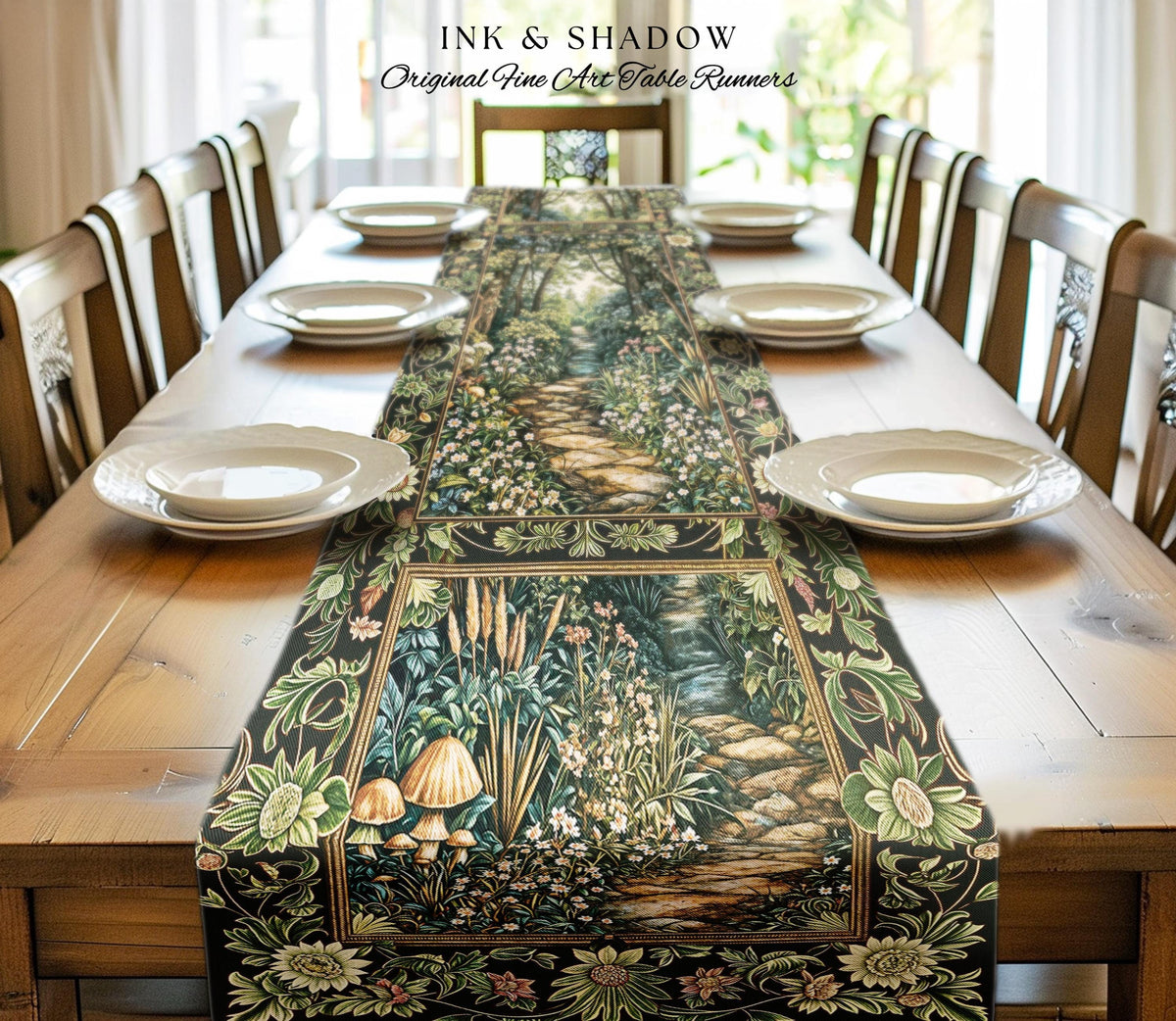 Fairy Meadow Mushroom Forest Table Runner Mystic Academia Folklore Inspired, Fairycore Woodland Gothic Whimsical Medieval Dining Room Decor
