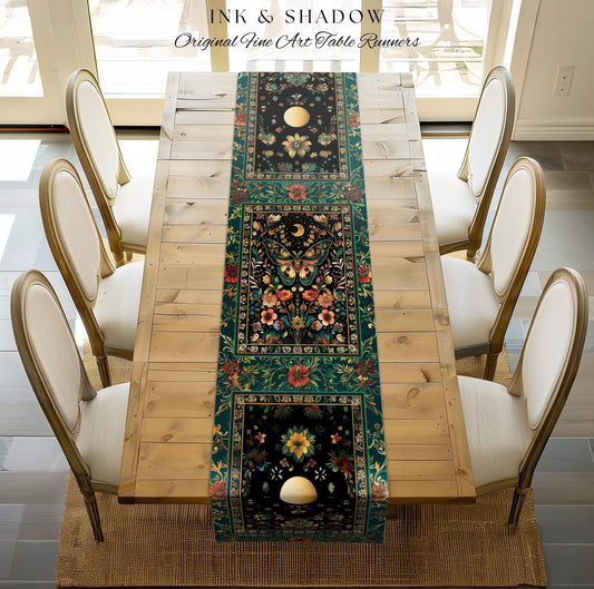 Celestial Cottagecore Floral Moth Table Runner Woodland Gothic Decor, Fairycore Forest Dining Room Whimsigothic Witchy Dark Botanicals Boho