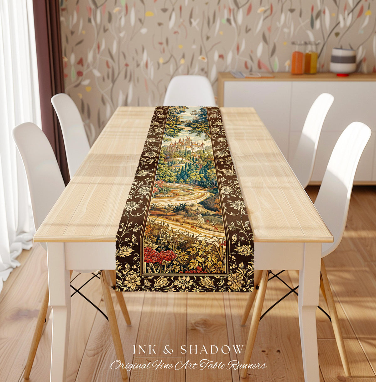 Book Nook Fairytale Castle Table Runner, Woodland Fairycore Bohemian Folklore Aesthetic Magical Landscape Forestcore Dark Academia Decor |