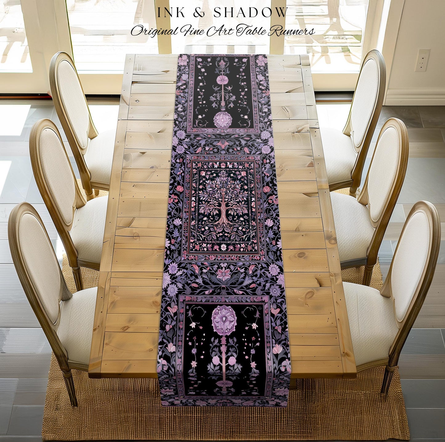 Chateaucore Pastel Purple Table Runner | Vintage Botanical Art Gothic Heritage Tree of Life Design Romantic Fairytale Cottagecore Accent |