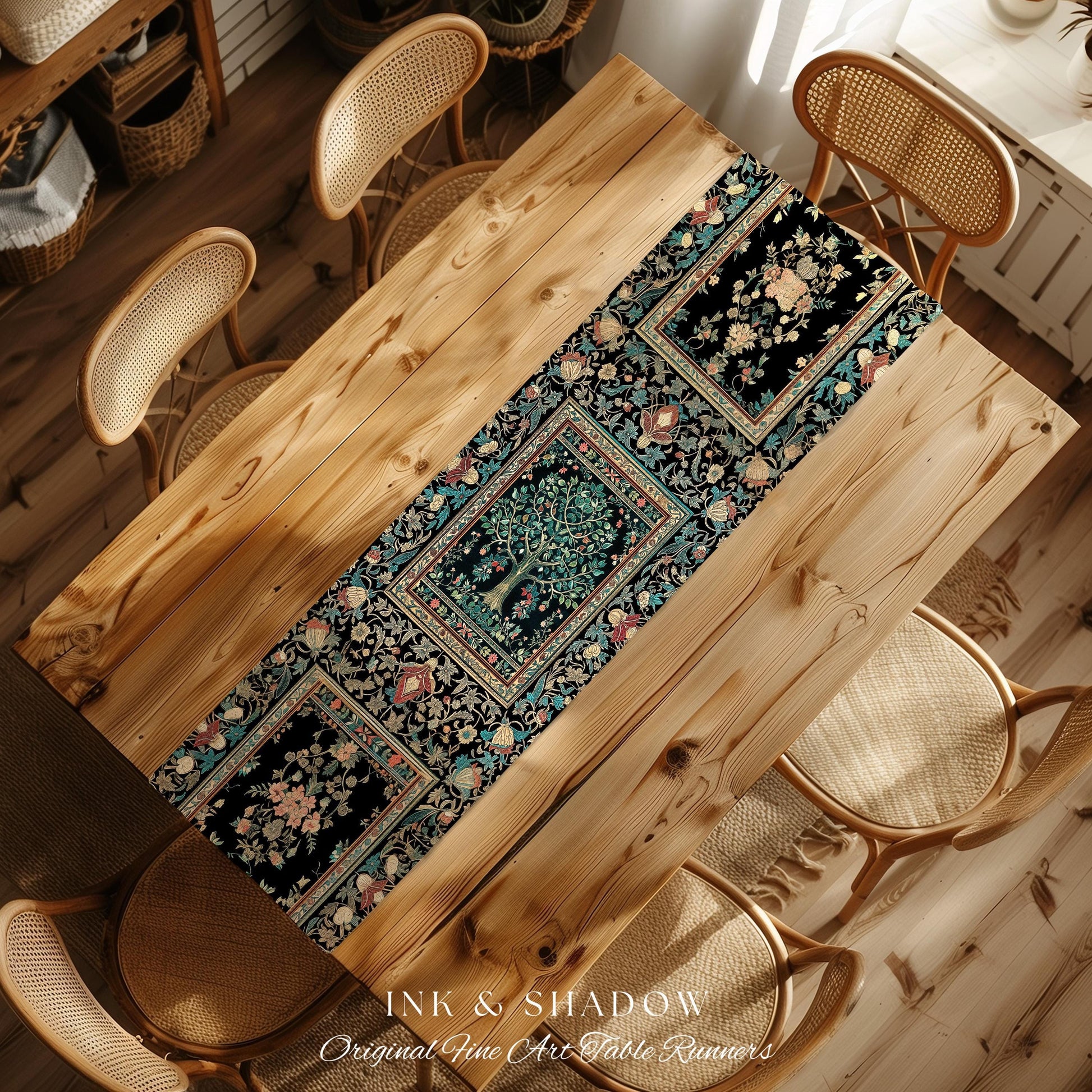 Mystic Ornamental Morris Inspired Tree Table Runner | Cool Tones Botanical Design Fairytale Floral Art Romantic Aesthetic Rococo Cottagecore